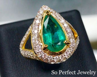 SPARKLING! 4.59TCW EMERALD & Diamonds in 18K solid yellow gold ring engagement natural authentic zambian vivid colombian certified pear