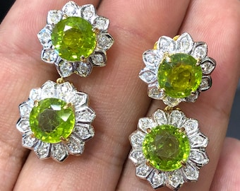HUGE 11.47TCW Peridot & VS Diamonds 18K solid yellow gold earrings chandelier dangling drop vintage cocktail dinner party christmas natural