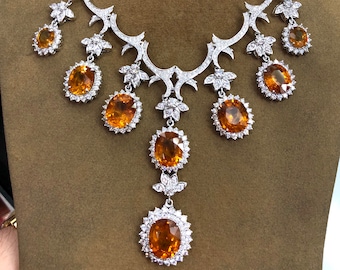 HUGE NECKLACE! 54.48TCW Yellow Sapphire & VS Diamonds in 18K Solid handmade white gold orange thai ceylon chain dangling set pendant