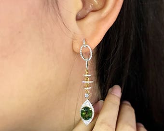 NATURAL 7.20 TCW Green sapphire & Diamonds 18k Solid Gold handmade earring heirloom vintage art deco ceylon certified thai blue wedding gia