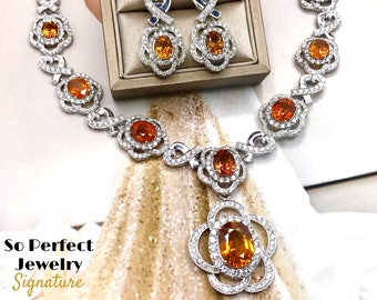 HUGE SET! 54.47TCW Yellow Sapphire & VS Diamonds in 18K Solid handmade white gold earrings necklace pendant orange thai ceylon chain jewelry