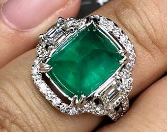 WOW! 4.85TCW Emerald VS Diamonds 18K solid white gold ring engagement handmade cocktail zambian sugarloaf cabochon colombian baguette estate