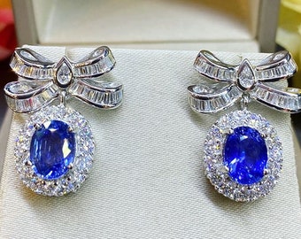Stunning 6.30TCW Ceylon Blue Sapphire Diamonds in 18K white gold earrings dangling chandelier stud halo bow baguette cute bridal wedding
