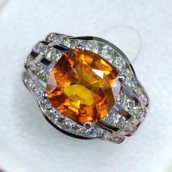 UNISEX! 6.00TCW Yellow Sapphire & F/VS Diamonds 18K solid heavy yellow gold handmade ring man ring class ceylon MENS clean orange gentleman