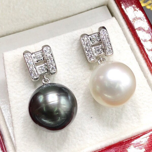 TIMELESS TAHITI 12mm Pearls & 0.16ct Diamonds In 18K Solid white Gold Earrings handmade black white grey south sea wedding estate natural