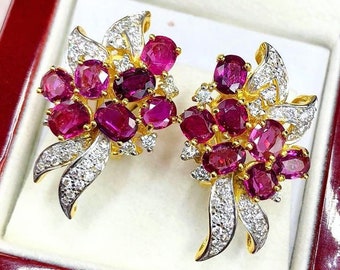 HUGE 8.97TCW Blood Red Ruby Diamonds in 18K solid yellow gold chandelier floral earrings vintage designer natural siamese siam burma burmese