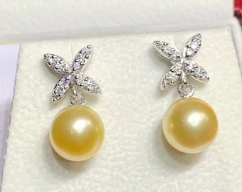 10 mm autentiska gyllene Sydhavspärlor och diamanter i 18K massivt vitt guld örhängen handgjorda specialtillverkade hängande droppar fest cocktail bröllop