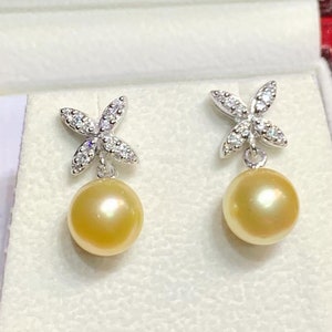 10mm Authentic Golden South Sea Pearls & Diamonds In 18K Solid White Gold Earrings handmade custom-made dangle drop party cocktail wedding