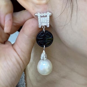 15mm Authentic White South Sea Pearls & Diamonds 18K Solid White Gold Earrings handmade bridal dangle drop party cocktail wedding onyx black