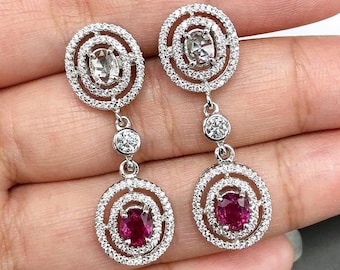 DANGLING 3.18TCW Blood Red Ruby Diamonds 18K solid white gold chandelier earrings vintage siamese natural pigeon art deco burma burmese siam