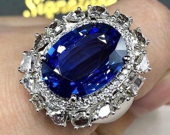 CEYLON! 14.88TCW Blue Sapphire & Diamonds in 18K solid handmade white gold ring engagement vintage clean wedding natural genuine cornflower