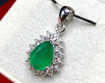 PRECIOUS! 1.74TCW Emerald & Diamonds 18K solid white gold handmade pendant necklace zambian colombia natural gift pear double halo modern