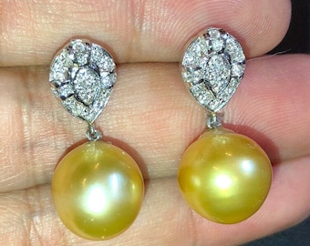 12 mm autentiska gyllene Sydhavspärlor och diamanter i 18K massivt vitt guld örhängen handgjorda specialtillverkade hängande droppar fest cocktail bröllop