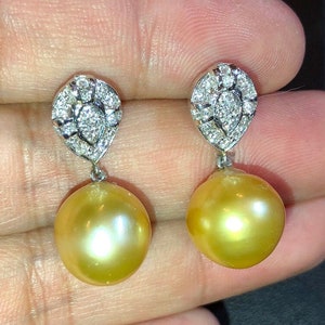 12mm Authentic Golden South Sea Pearls & Diamonds In 18K Solid White Gold Earrings handmade custom-made dangle drop party cocktail wedding
