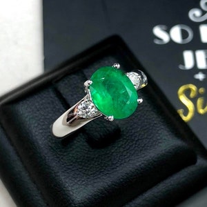VIVID 2.07TCW Emerald VS Diamonds 18k solid white gold ring engagement wedding colombian zambian gift natural vintage christmas three-stone