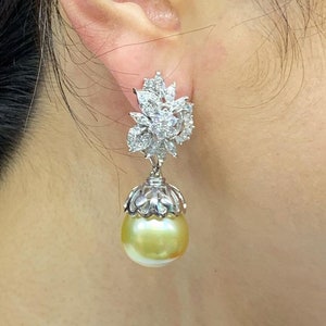HUGE 15mm Golden South Sea Pearls Diamonds 18K Solid White Gold Earrings handmade authentic dangle drop chandelier natural cocktail wedding