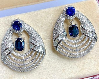 STUNNING 5.60TCW CEYLON Blue Sapphire VS diamonds 18K solid white gold handmade earrings natural dangle chandelier wedding cornflower stud