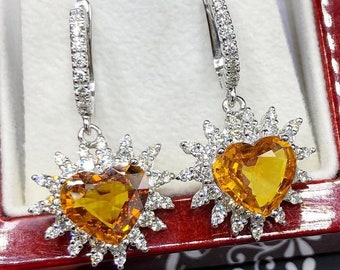 HEART! 10.32TCW Yellow Sapphire & VS Diamonds in 18K solid handmade white gold earrings dangle drop orange thai ceylon Chandelier gala huge