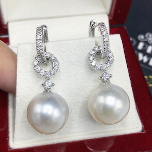 2-in-1 DANGLING South Sea 13mm Pearls Diamonds 18K Solid white hoop Gold Earrings handmade chandelier wedding natural art deco vintage big
