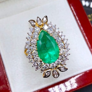 COLOMBIAN! 6.70TCW EMERALD & Diamonds in 18K solid yellow gold ring engagement natural authentic zambian vivid certified pear teardrop