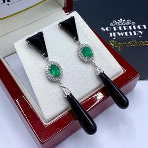 One Of A Kind 6.22TCW Emerald VS Diamond 18K solid white gold earrings onyx natural chandelier zambian Colombian halo wedding black dangling