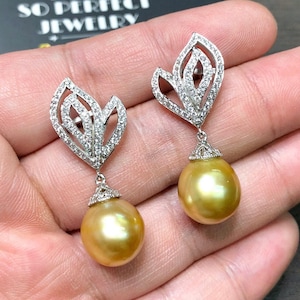 12mm Authentic Golden South Sea Pearls & Diamonds In 18K Solid White Gold Earrings handmade custom-made dangle drop party cocktail wedding