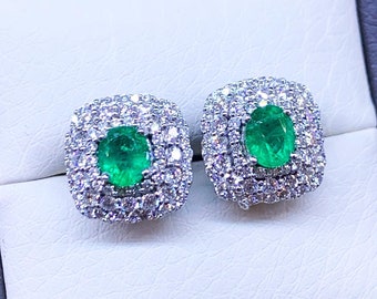 CHIC 2.26TCW Oval Emerald & VS Diamonds in 18K solid white gold cushion earrings natural certified zambian colombian gift halo double vivid