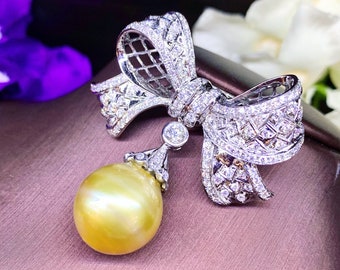 SOUTH SEA Pearl Art Deco Diamonds 18K Solid white Gold 1920's vintage bow handmade brooch pendant pin huge estate VS genuine natural ribbon