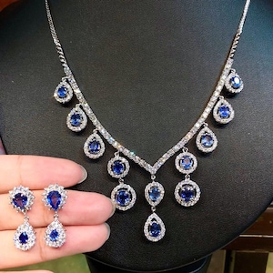 WOW! 20.22TCW CEYLON Blue Sapphire VS diamond in 18K solid white gold handmade necklace natural chandelier earrings pendant gift jewelry set