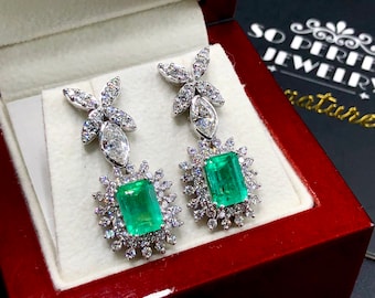 Colombian 6.19TCW Green Emeralds & Diamond in 18K solid WHITE gold handmade earrings dangle drop vintage white gold chandelier unique zambia