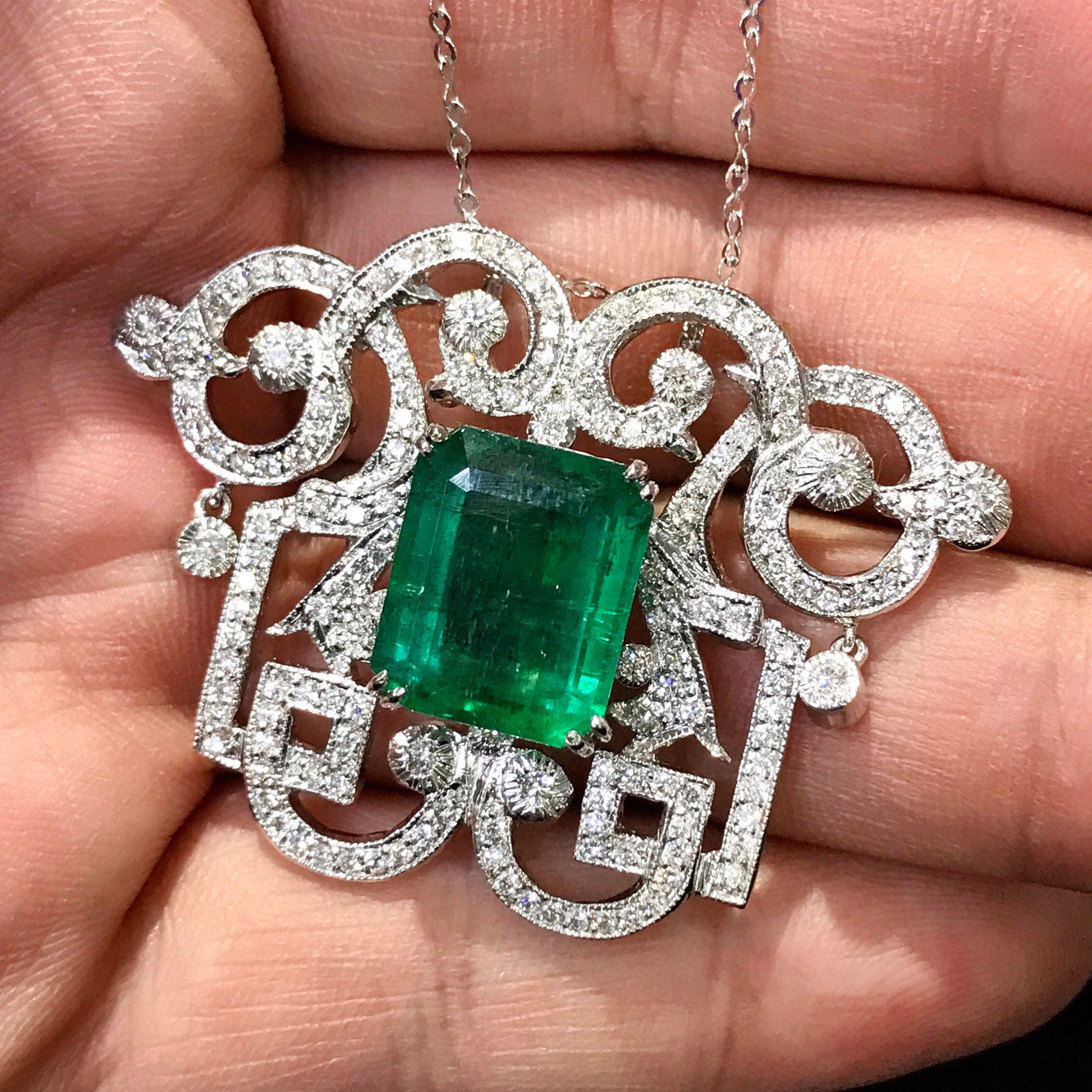 Art-deco 11.74TCW. HUGE Emerald & Diamonds 18K Solid White