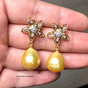 16mm Authentic Golden South Sea Pearls Diamonds in 18K Solid Yellow Gold Earrings handmade floral dangle drop party cocktail wedding flower