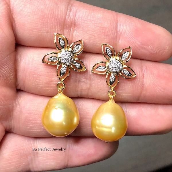 16mm Authentic Golden South Sea Pearls Diamonds in 18K Solid Yellow Gold Earrings handmade floral dangle drop party cocktail wedding flower