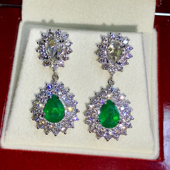 ROSE CUT! 4.86TCW Emerald & Diamonds in 18K solid white gold earrings natural zambian Colombian chandlier drop dangling old cut wedding rare