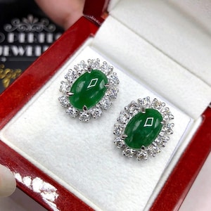 Burmese Jade & VS Diamonds in 18k solid white gold earrings gemstone burma  traditional chinese natural emerald imperial jadeite dark studs
