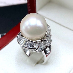 WOW! 14.5 mm SOUTH SEA Pearl 1.84 ct diamonds in 18K handmade solid white gold ring one of a kind handcrafted huge cocktail white australia