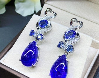 2-in-1 HUGE 25.24TCW Tanzanite Cabochon Ceylon Blue Sapphire F/VS Diamonds 18K Solid white gold earrings dangling chandelier violet cocktail