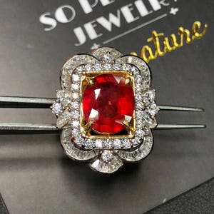 HUGE RED 7.29TCW Natural Ruby & Diamonds in 18K solid yellow gold ring handmade engagement BURMA certified modern cocktail statement heat