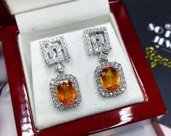 VIVID! 6.592TCW Yellow Sapphire & VS Diamonds in 18K solid handmade white gold earrings dangle drop orange thai ceylon Chandelier gala pair