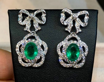 HUGE 5.71TCW Sparkling Emeralds & Diamond in 18K solid WHITE gold handmade drop earrings colombian zambian white gold chandelier dangling