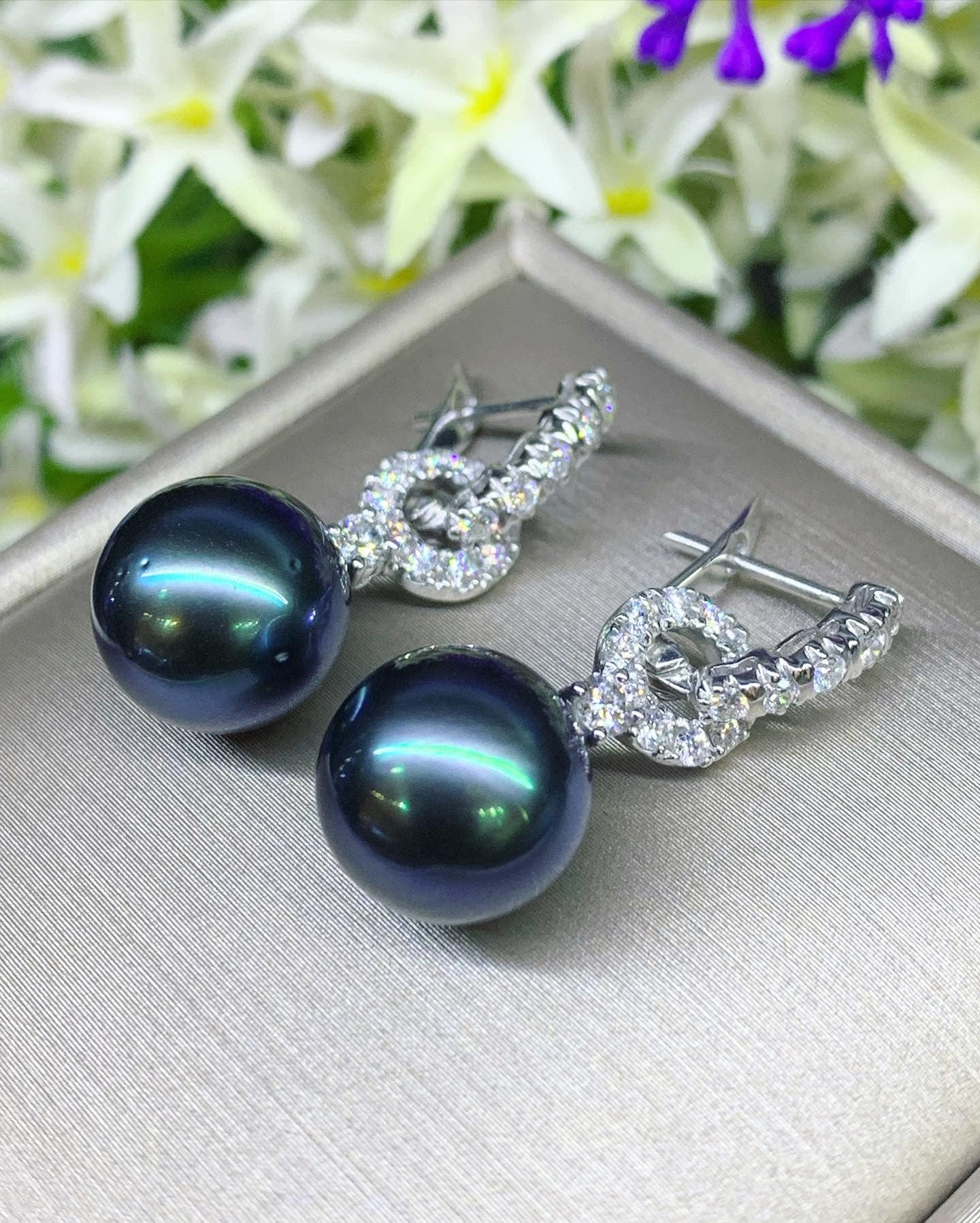 2 in 1 Dangling 12mm TAHITIAN Black South Sea Pearls Diamond 18K Solid White Gold Earrings Peacock Bridal Drop Party Cocktail Weddind Green Etsy Canada