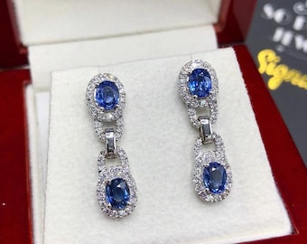 WOW! 3.18TCW CEYLON Blue Sapphire & VVS diamonds in 18K solid white gold handmade earrings natural dangle chandelier wedding petite wedding