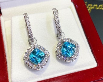 DANGLING 6.65TCW Blue Zircon VS Diamonds 18K solid white gold earrings chandelier sky drop vintage cocktail dinner party blue sky natural