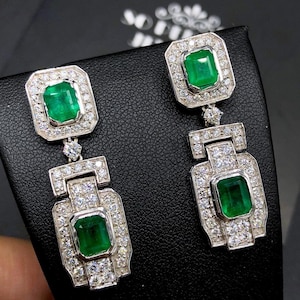 ART-DECO 6.72TCW Emerald & Diamond in 18K solid WHITE gold handmade earrings dangle zambian push back chandelier colombian zambiam cocktail