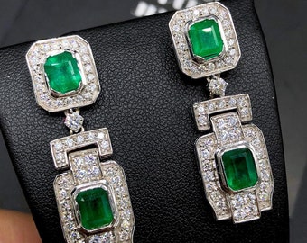 ART-DECO 6.72TCW Emerald & Diamond in 18K solid WHITE gold handmade earrings dangle zambian push back chandelier colombian zambiam cocktail