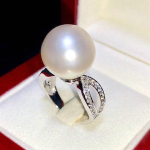WOW! 14mm SOUTH SEA Pearl & 0.47 ct diamonds in 18K handmade solid white gold ring one of a kind handcrafted huge cocktail white golden