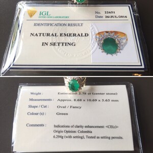 May include: A certificate of authenticity for a natural emerald in a setting. The certificate is from the IGL (Inter Gem Laboratory) and is dated July 26, 2016. The certificate states that the emerald weighs 2.78 carats and is approximately 8.68 x 10.69 x 5.65 millimeters. The emerald is oval shaped and has a fancy cut. The certificate also states that the emerald is green in color and that the origin of the emerald is Colombia. The certificate also states that the emerald has been tested and that the setting permits.