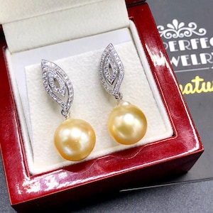 12mm Authentic Golden South Sea Pearls & Diamonds In 18K Solid White Gold Earrings handmade custom-made dangle drop party cocktail wedding