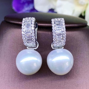 WOW! 2-in-1 South Sea 14mm Pearls Diamonds 18K Solid hoop white Gold Earrings handmade dangling srip chandelier wedding estate natural