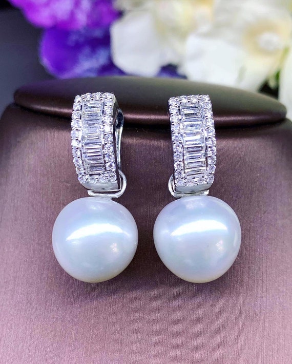 WOW! 2-in-1 South Sea 14mm Pearls Diamonds 18K Solid hoop white Gold Earrings handmade dangling srip chandelier wedding estate natural